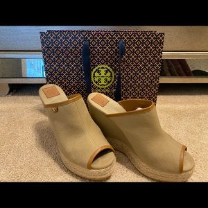 Tory Burch canvas peep toe wedges